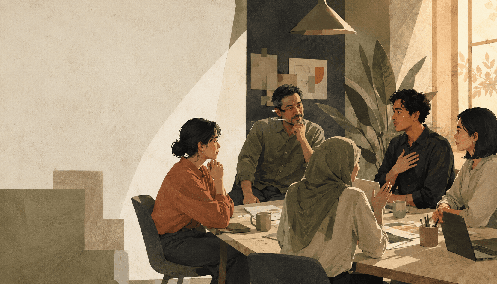 Ilustrasi tim kantor berdiskusi setelah menyelesaikan proyek